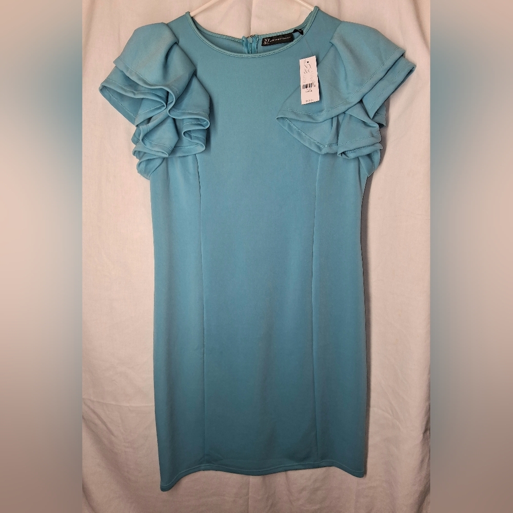 New York & Company Light Blue Ruffle Sleeve Midi Dress